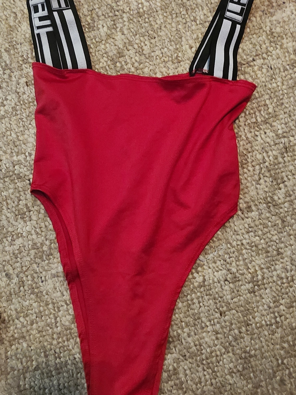 Red One-Piece Swimsuit with Black Logo Straps